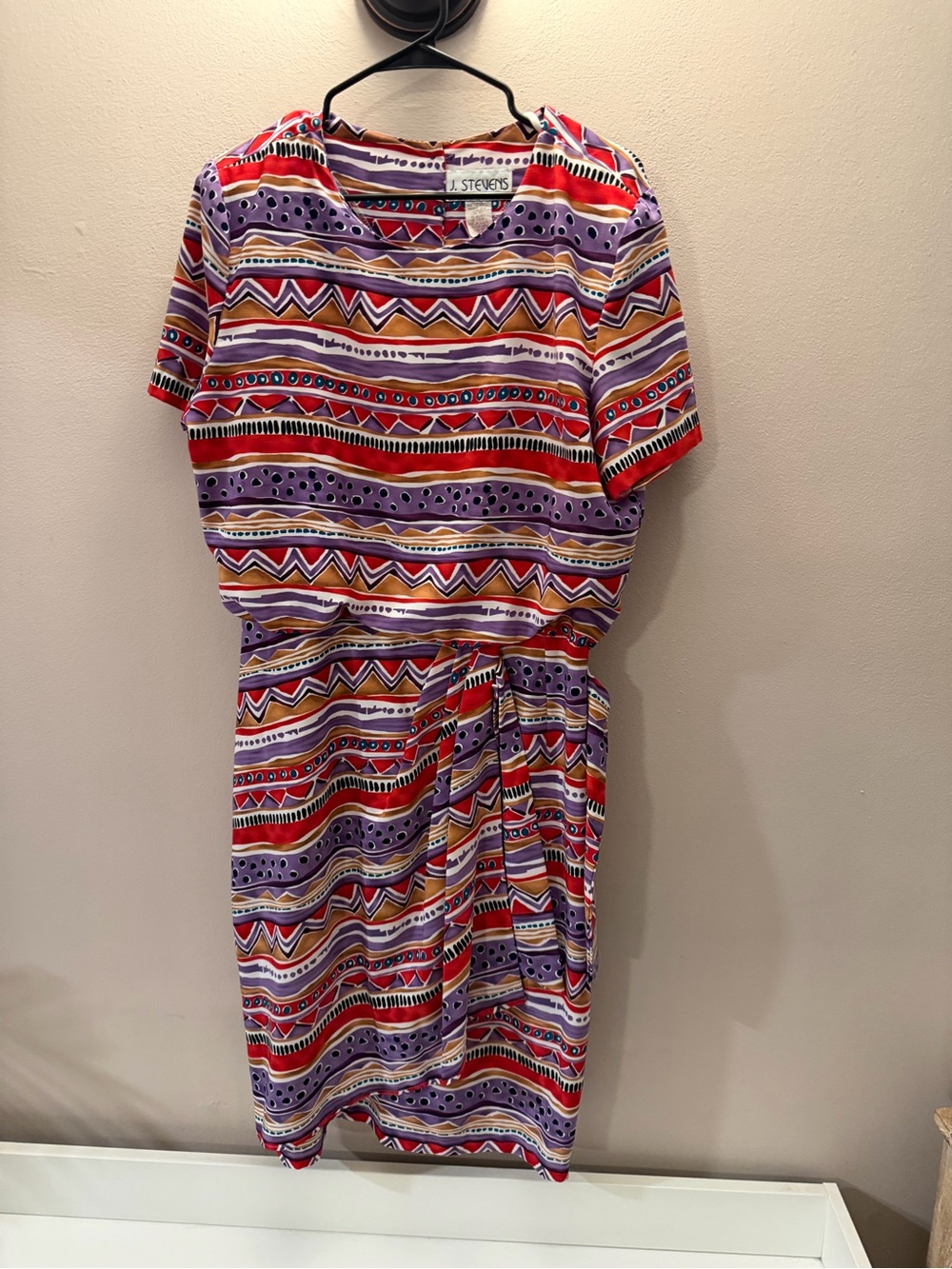 Vintage J Stevens Carol Escritor Geometric Tribal Print Dress Purple Red Sz 14